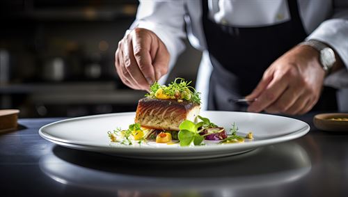 Chef garnishing the food on the plate. 